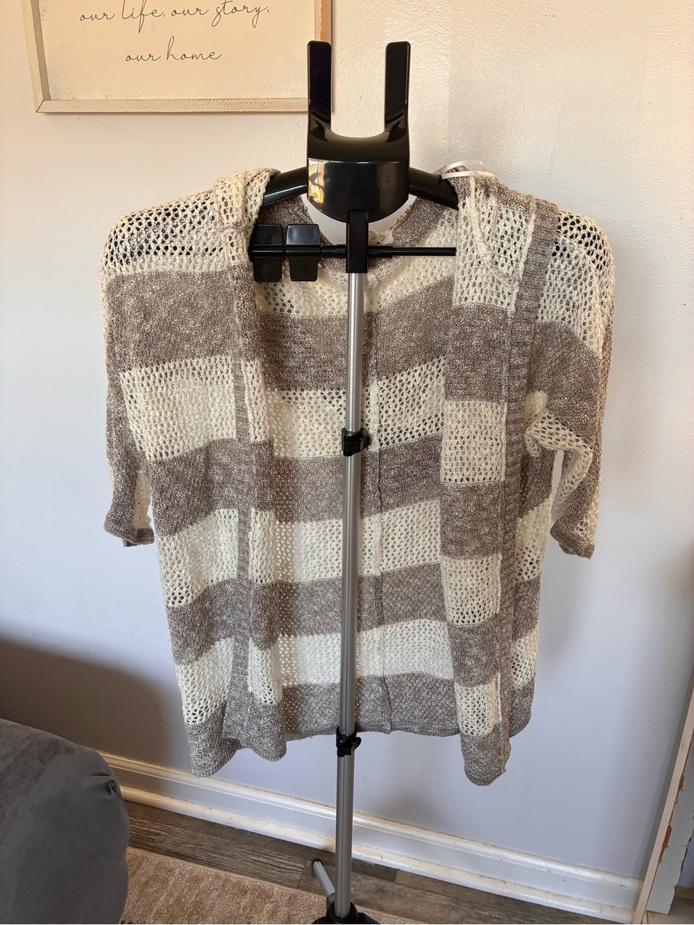 Pink Rose Open-Knit Striped Short-Sleeve Cardigan - Cream & Taupe